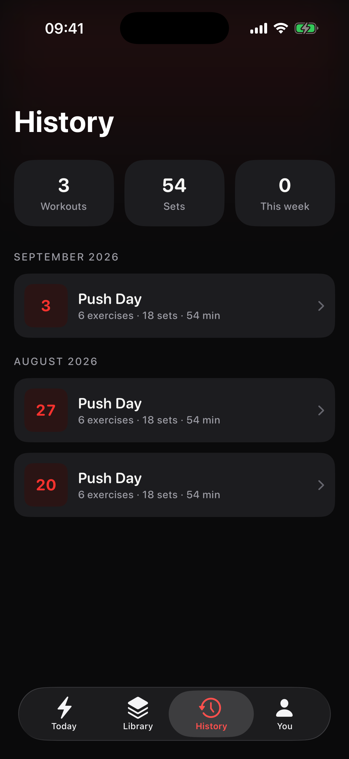 Workout history grouped by month