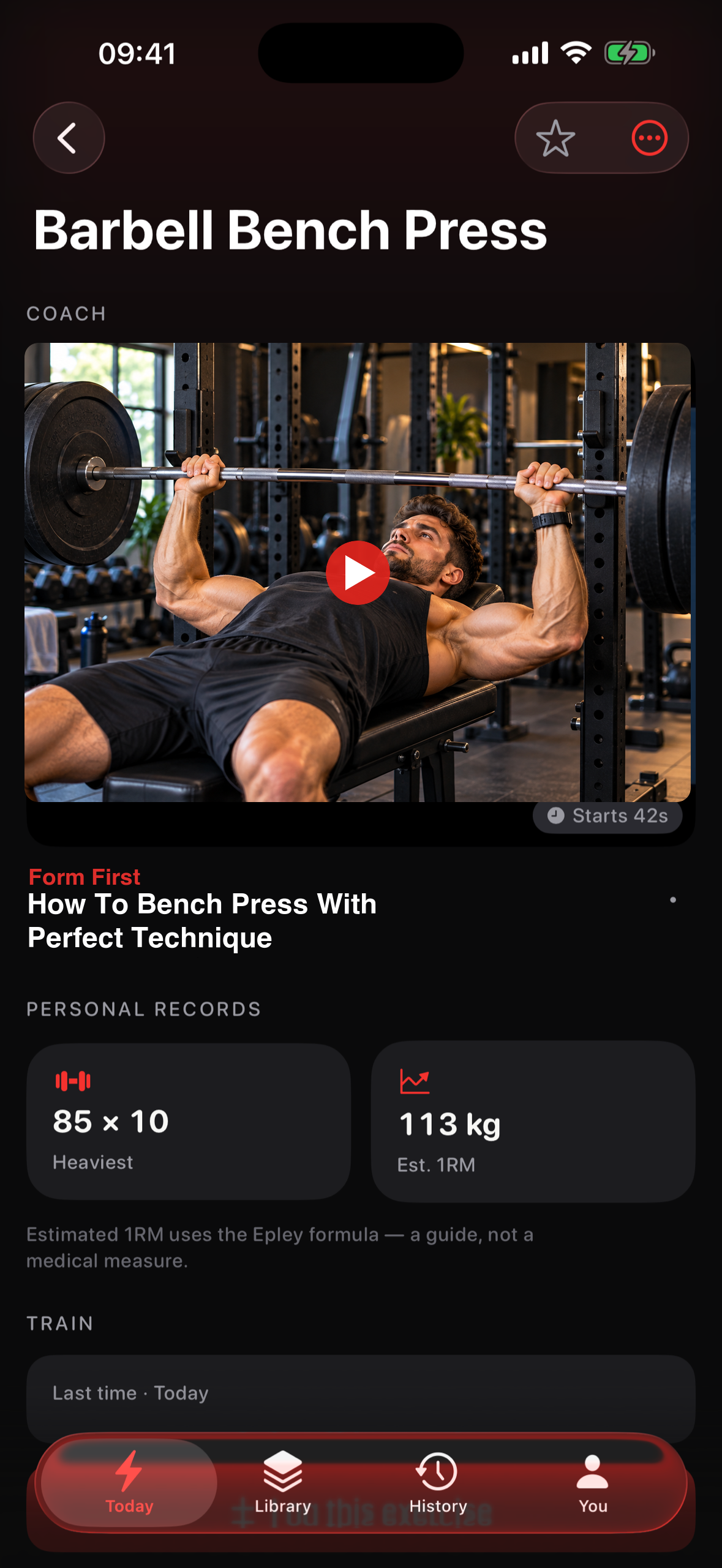 Exercise detail with personal records and estimated 1RM