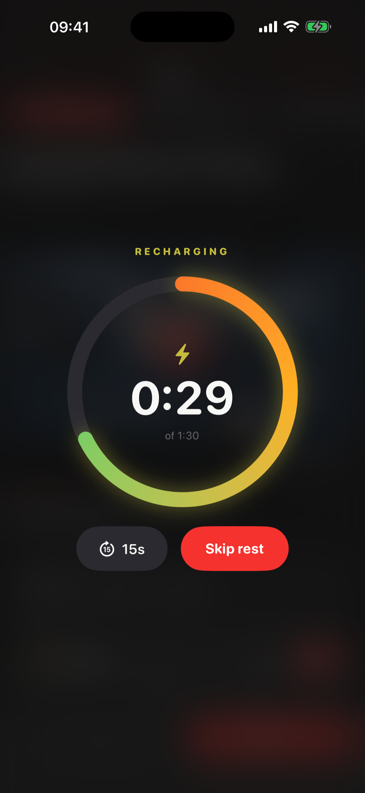 Recharge rest timer counting down with a red-to-green progress ring