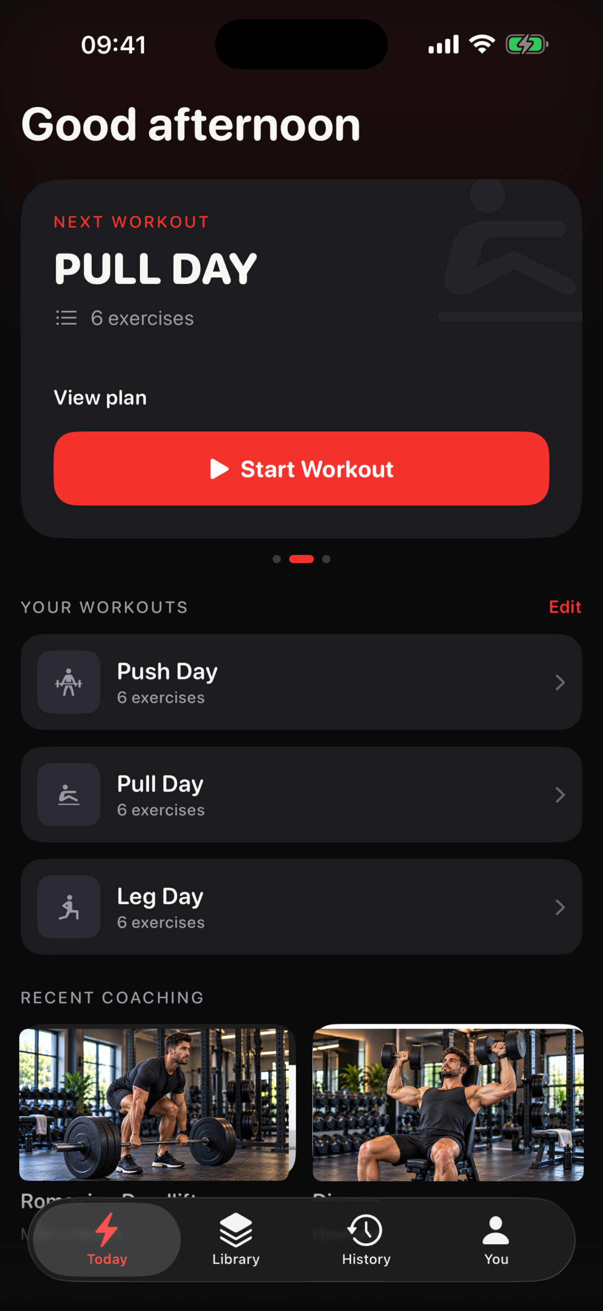 TubeTrainer Today screen with the next workout and Start Workout button