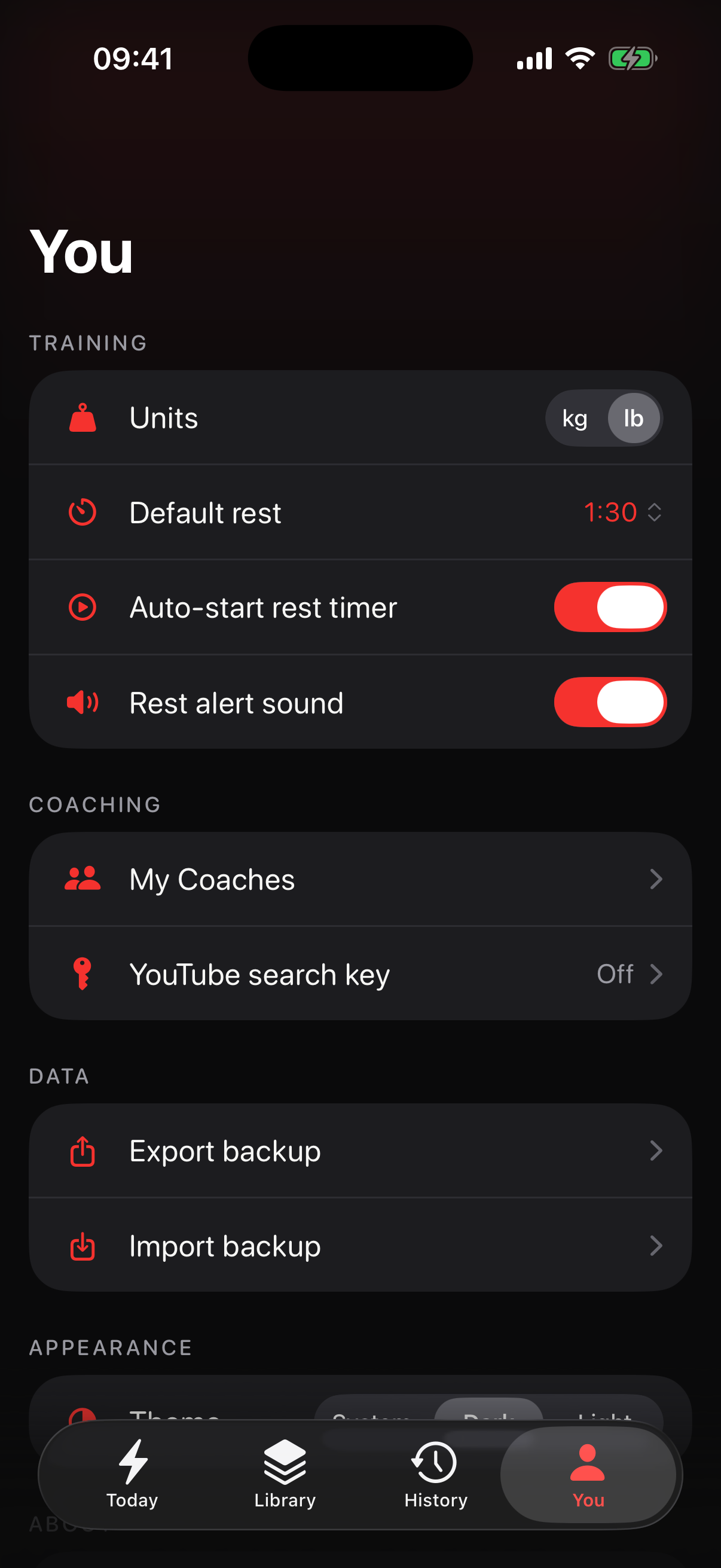 Settings with units, rest timer and appearance